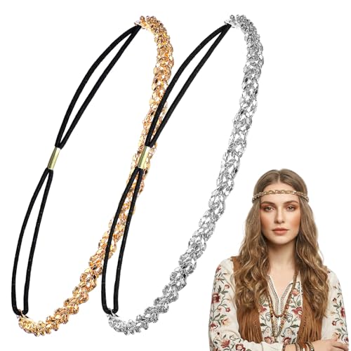 HJZHII 2 Pcs Sparkly Hairbands Elastic 70s Vibe Sparkly Head Chain Rhinestone Feel Headpiece Crystal Feel 70s Accessories Glitter HeadChains for Dancing Singing Weddings Party