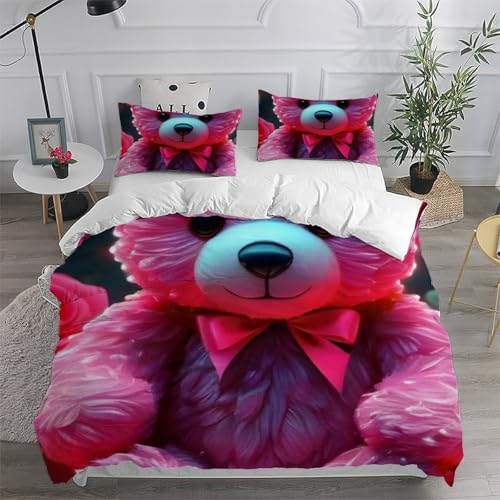Housse de couette ours rose lit double microfibre 3D anti-plis fermeture éclair - 6