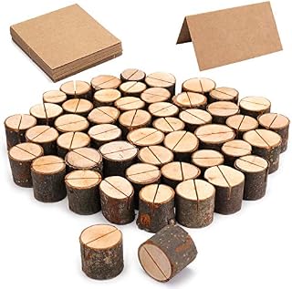 Tosnail 100 Pack Wooden Place Card Holders with Kraft Paper Cards, Table Number Holders Photo Holder for Wedding Party Decoration (50 Holders+50 Kraft Paper)