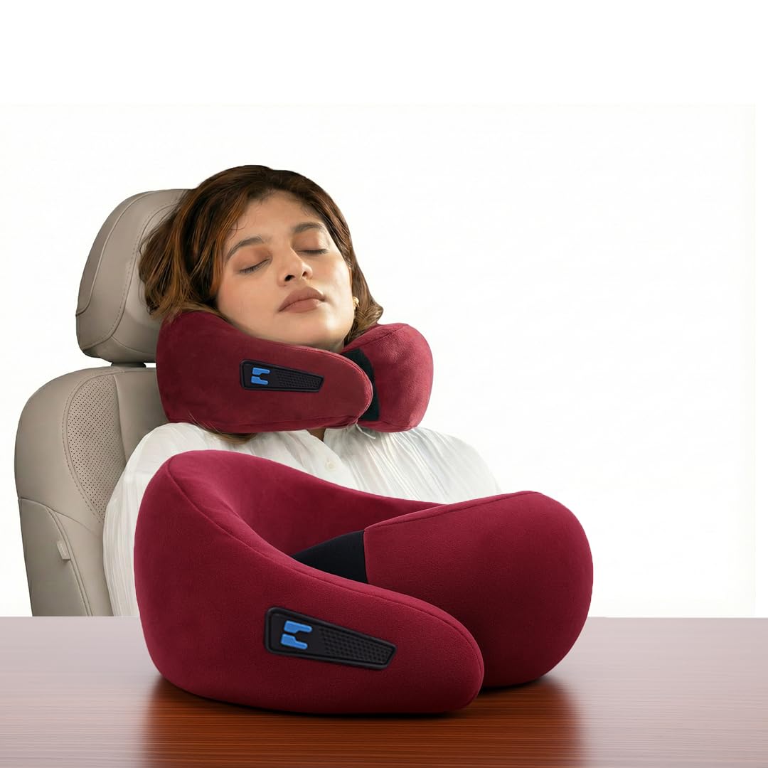 Travel Neck Pillow 100% Memory Foam, Adjustable Headrest Head & Neck Support for Flights & Car Rides, Adjustable Velcro Straps| 2-Year Warranty | Wine-image-15