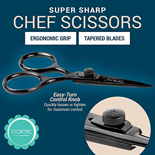 O'Creme Set of Culinary Tweezer Tongs Offset, Straight and Curved, Plus Super Sharp Chef Scissors, Total 6 Pieces (Black)