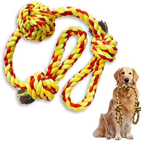 KalaKala Dog Rope Toys for Aggressive Chewers, 3 Feet Long 3 Knots 2 Handles, Large Size, Natural Cotton, Tough Dog Chew Toys, Tug of War Dog Toys for Medium and Large Breeds(Red)