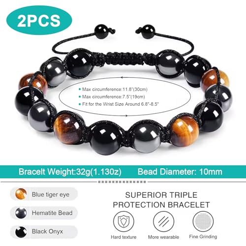2PCS Triple Protection Bracelet, Tiger Eye Bracelet for Men and Women Black Hematite and Obsidian 10mm Crystal Beads Bracelet Handmade Gifts for Luck Prosperity2