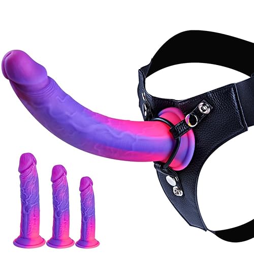 Silicone Realistic Strap on Fantasy Dildo, Wearable Strapon Harness with 3 Pcs Monster Anal Dildo with Suction Cup Lesbian Toy, 7 Inch 8 Inch 9 Inch Beginner Purple Dildos Sex Toy for Women Couples - 3 Piece