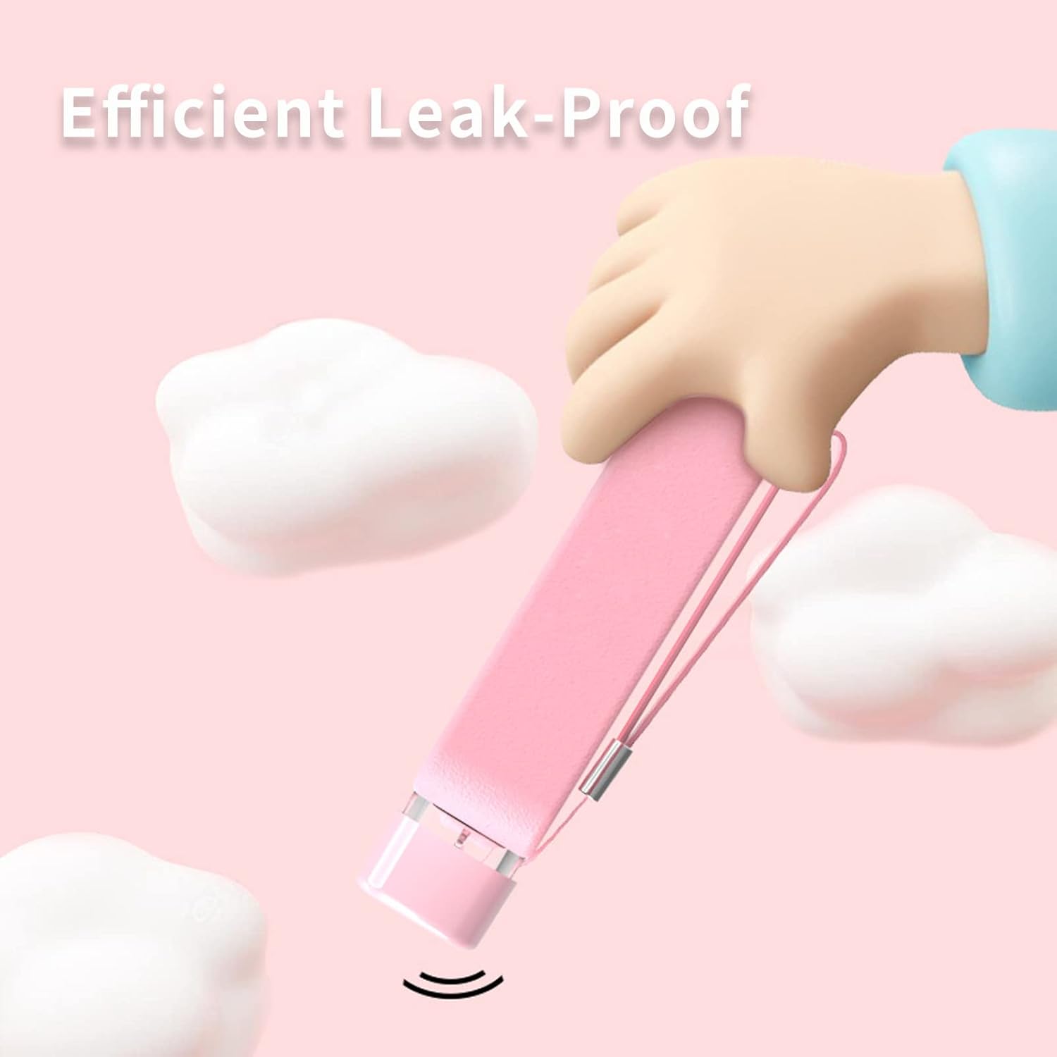 A cartoon hand demonstrating the leak-proof feature of the flat water bottle by shaking it.