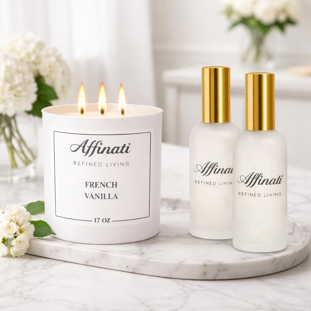 Affinati Candle & Room Spray Bundle – 17 oz 3-Wick Candle + 2 Room & Linen Sprays (4 oz) – Strong Scented Soy Blend Set – Long Lasting Home Fragrance for Room & Linen (French Vanilla)