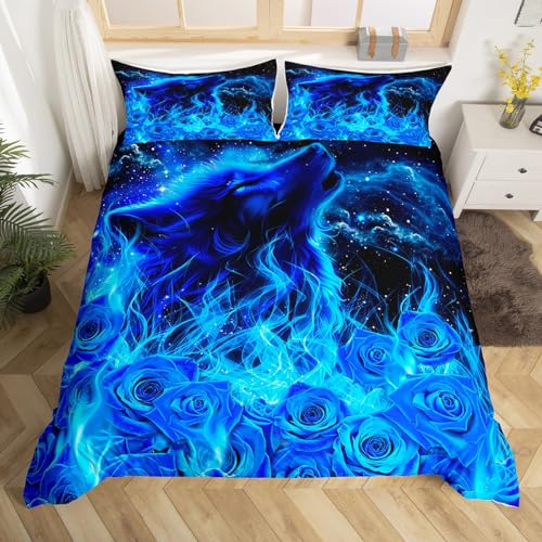 Castle Fairy Wolf Printed Duvet Cover for Boys,Girls Blue Flame Comforter Cover Full Size,3D Rose Bedding Set Kids Teen Room Decor Bed Cover,Galaxy Starry Sky Bedclothes with Zipper(No Comforter)