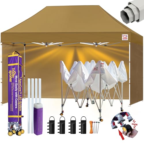 Image of Tradesparker 8x12 Pop Up Tent with Sidewalls,Commercial Movable Canopy ApexCore LED & Rugged Casters-Instant Easy Setup Shelter Canopies,Weight Bags&Stakes for Outdoor Events(Khaki)