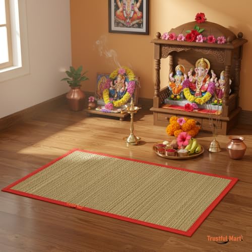 Image of Tgh Aasan Rectangular Mat For Sitting - Kusha Grass Aasan Korai Grass Mat For Pooja 24 X 18 Inch [Pack Of 1] Red