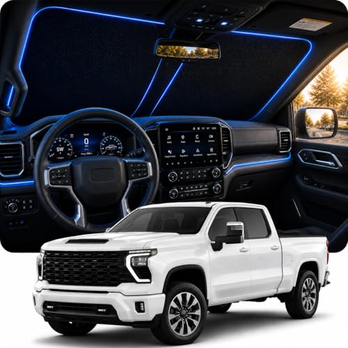 [2026 Upgraded] DooGooCoo Windshield Sun Shade for Chevy Silverado 2019-2025 2026 [Cooling Ice-Crystal 100% Sun Block] Sunshade for Car Windshield Truck Silverado Sun Shade Custom for Silverado.