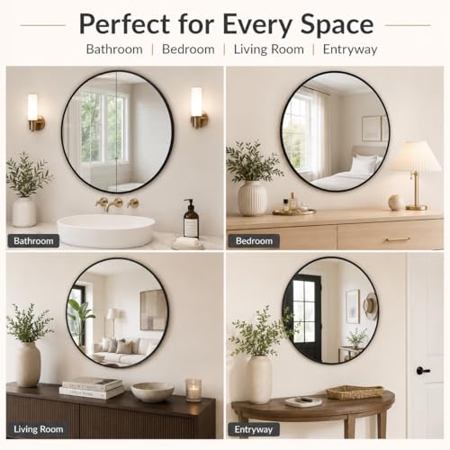 Image of Plantex Aluminium Frame Mirror for Wall /Mirror for Bathroom /Round Mirror for Bathroom /Wall Mount Mirror for Bedroom /Dressing Room /Living Room /Entryway - Shatterproof Mirror (24inch-Brushed Black)
