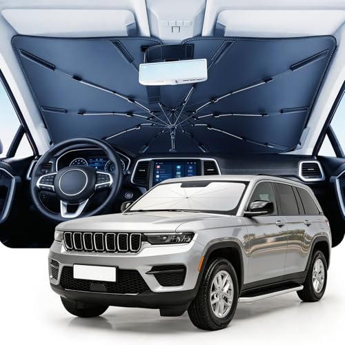 DMJN Umbrella Windshield Sun Shade for Jeep Grand Cherokee (2011-2026) Car Sunshade for Front Windshield [Nano Ice-Crystal Coatings] UPF50+ Heat & UV Block Protect Interior & Keep Cooler