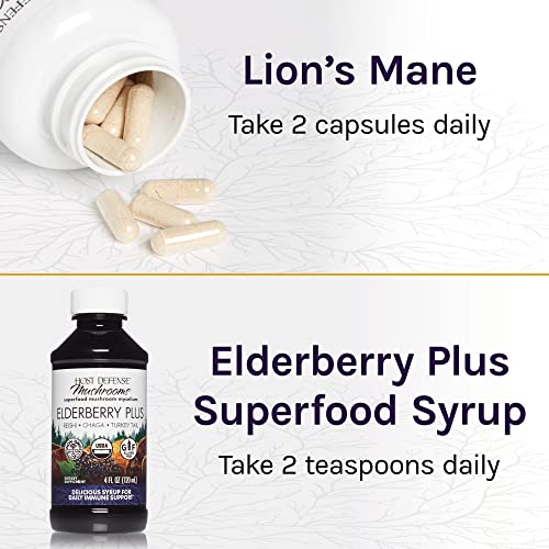 Host Defense Lion's Mane Capsules, 60 Count & Elderberry Plus Superfood Syrup, 4 Fluid Oz (12 Servings) #TOP6