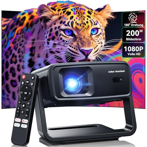 Beamer 4K Dekodierung, Projektor mit WLAN und Bluetooth, Natives 1080P Full HD 200 Zoll Bildschirm 1200 ANSI Projektoren, Outdoor Video Smart Mit 180 &deg; Drehbarem St&auml;nder Mini Beamer