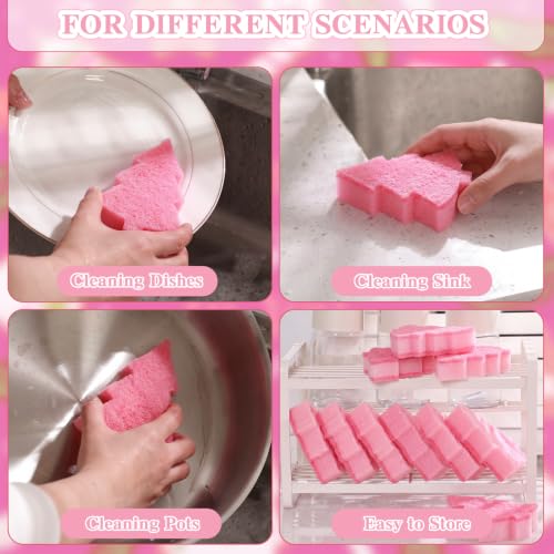 Image of Tioncy 12 Pack Kitchen Sponges Bulk Dual Sided Scrubber Sponges Dishwashing Kitchen Cleaning Accessories for Household Supplies(Christmas Tree, Pink)