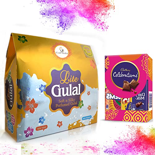 Image of CraftVatika Herbal Holi Lite Perfumed Lite Colours with Cadbury Celebration Chocolate Pack, Holi Colour with Chocolate Combo Pack Gift (Type 1)