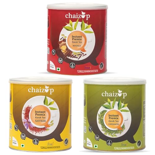 Image of Chaizup Premium 1 Min Instant Assorted Tea Pack - 500g Cans (Pack of 3) | Masala, Saffron & Cardamom Flavours | Approx. 108 Servings | 1500g