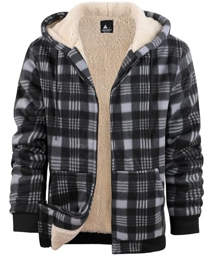 Image of Mens Plaid Hoodies Winter Zip Up Fleece Jacket Sherpa Fleece Lined Warm Flannel Jacket Coat