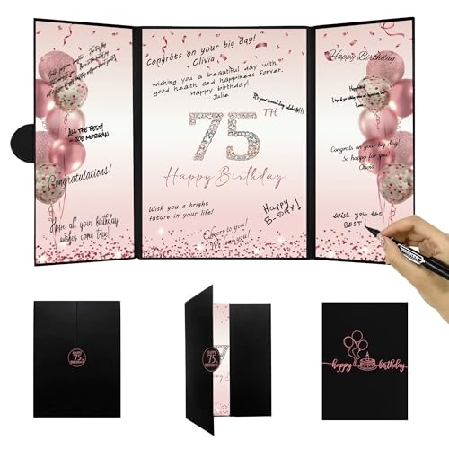 Image of DARUNAXY Rose Gold 75th Birthday Party Decorations for Women, Happy 75th Birthday Alternative Signature Guest Book Black Pink 75 Birthday Signing Card Board Party Supplies Cheers to 75 Years Old Gift