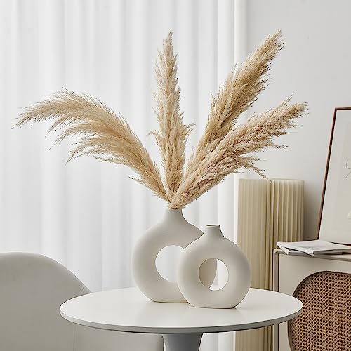 White Ceramic Vase Set Of 2 For Modern Home Decor, Round Boho Donut Vase With Pampas Grass, Neutral Minimalist Vase For Dining Room Table Centerpiece Dining Room, Living Room, Wedding Table Decoration #TOP6