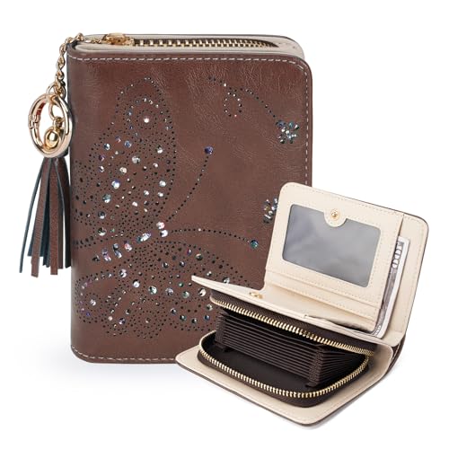 KITEVIUN Women RFID Blocking Small Bifold Wallet, Compact Cash Clutch with Zipper Coin Pocket, Glittery Butterfly Design, Credit Card Holder, Travel Purse with Tassel COFFEE