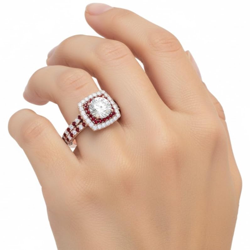 Image of 55Carat Choose Your Gemstone Double Band Square Halo Diamond CZ Ring 18K Rose Gold Plated Round Shape Halo Engagement Rings Everyday Jewelry Wedding Jewelry Handmade Gifts for Wife US Size 4 to 12