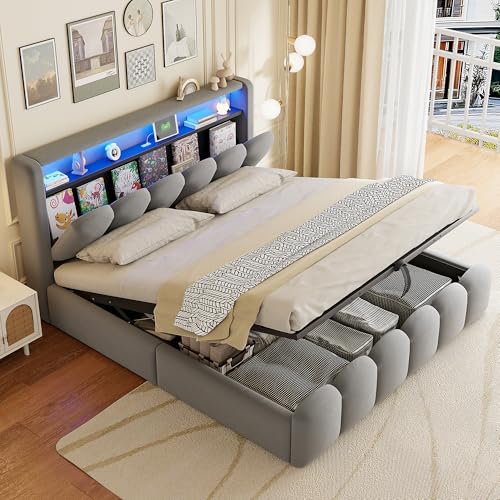 LAKFEW Cama Tapizada Cama 180x200 cm con USB y Luz LED, Camas Matrimoniales con Cabecero de Almacenaje y Almacenamiento Hidráulico, Cama Matrimonio, Terciopelo, Gris, Sin Colchón