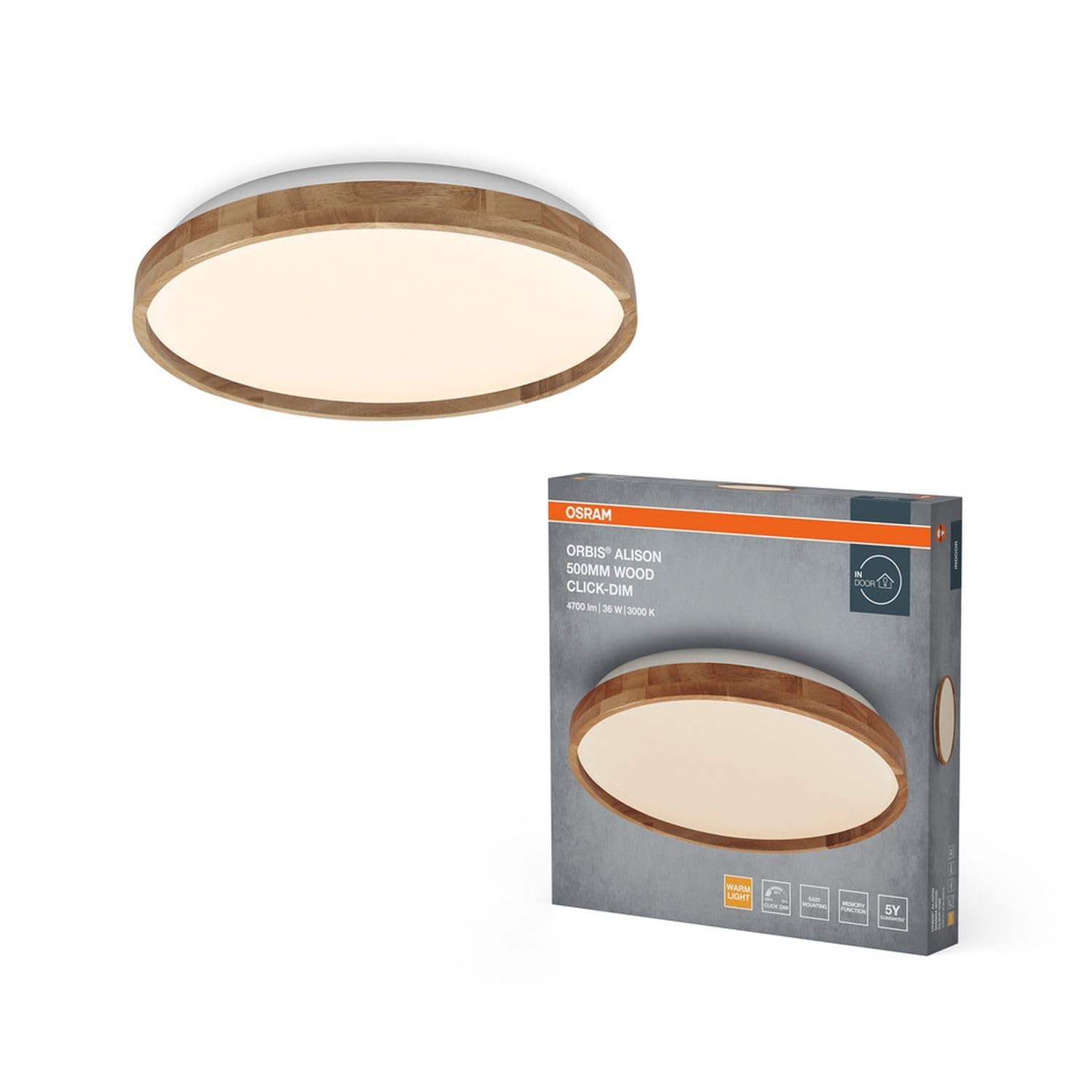 Licht-Erlebnisse LED Deckenlampe Holz Metall 3000 K Click-DIM modern gemütlich Schlafzimmer Flur Treppenhaus Büro Küche Esszimmer Ø50 cm Deckenleuchte Wohnzimmer
