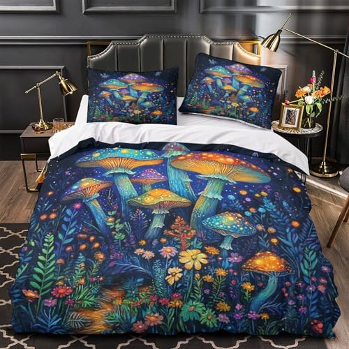 RJAVAGFZL Zauberpilze 3D-Bedruckt 3er-Set Steppbezug Fantasy Bettdeckenbezug Mikrofaser Hypoallergen Atmungsaktiv für Jungen Mädchen Frauen Single（140x200cm）