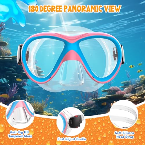 Set de snorkel para niños, equipo de snorkel con tapa seca para edades 5-15 años, máscara de buceo juvenil con lentes de vidrio templado, antiempañante y vista panorámica miniatura 2