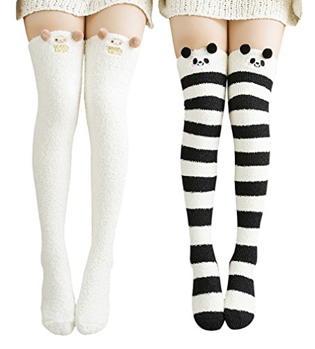Urban CoCo Women's Cartoon Fuzzy Socks Winter Warm Over Knee High Socks (2 pack-A)