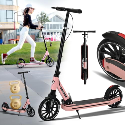 CUIOT Commuter Adult Scooter 330 lbs Capacity, 8IN Solid Tires Big Wheels Scooters, 3 Handle Height Adjustable Levels, with Double Braking System, Foldable Scooter,Kick Scooter for Ages 6+,Pink