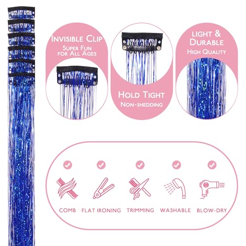 Image of WENNALIFE Hair Tinsel Clip In for Girls Sky Blue, 6pcs 24 inch Clips Tinsel Hair Extensions Clip in Colorful Glitter Clips Sparkle Fairy Hair Accessories for Kids