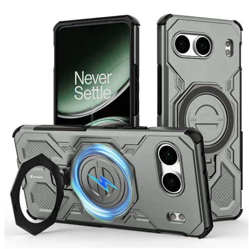Image of KARWAN Tough Shockproof Armor Back Case Cover Compatible with Oneplus Nord 4 with 360 Degree Rotation Magnetic Attraction Ring, Holder Heavy Duty Rugged Cover with MagEaze Wireless Charging (Grey)