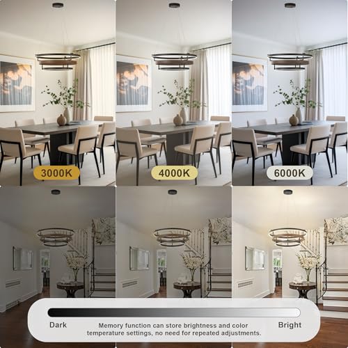 Image of KARTOOSH Modern LED Chandelier with Remote, Dimmable Ring Pendant Light Walnut Wood Black Circular Chandeliers for Dining Room Living Room Entryway Bedroom Office