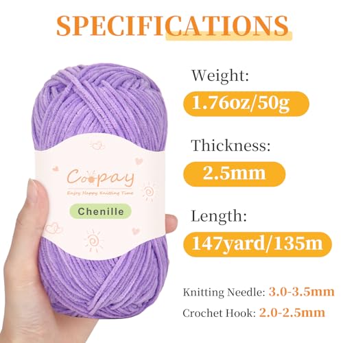 Image of Coopay Skinny Chenille Yarn for Crocheting and Knitting, 12 Pack of 50g /1.76oz-1764yd Total, Soft Velvet Yarn of Baby Weights - Suitable for Baby Blankets, Plush Toys - Super Soft (Purple Gradient)