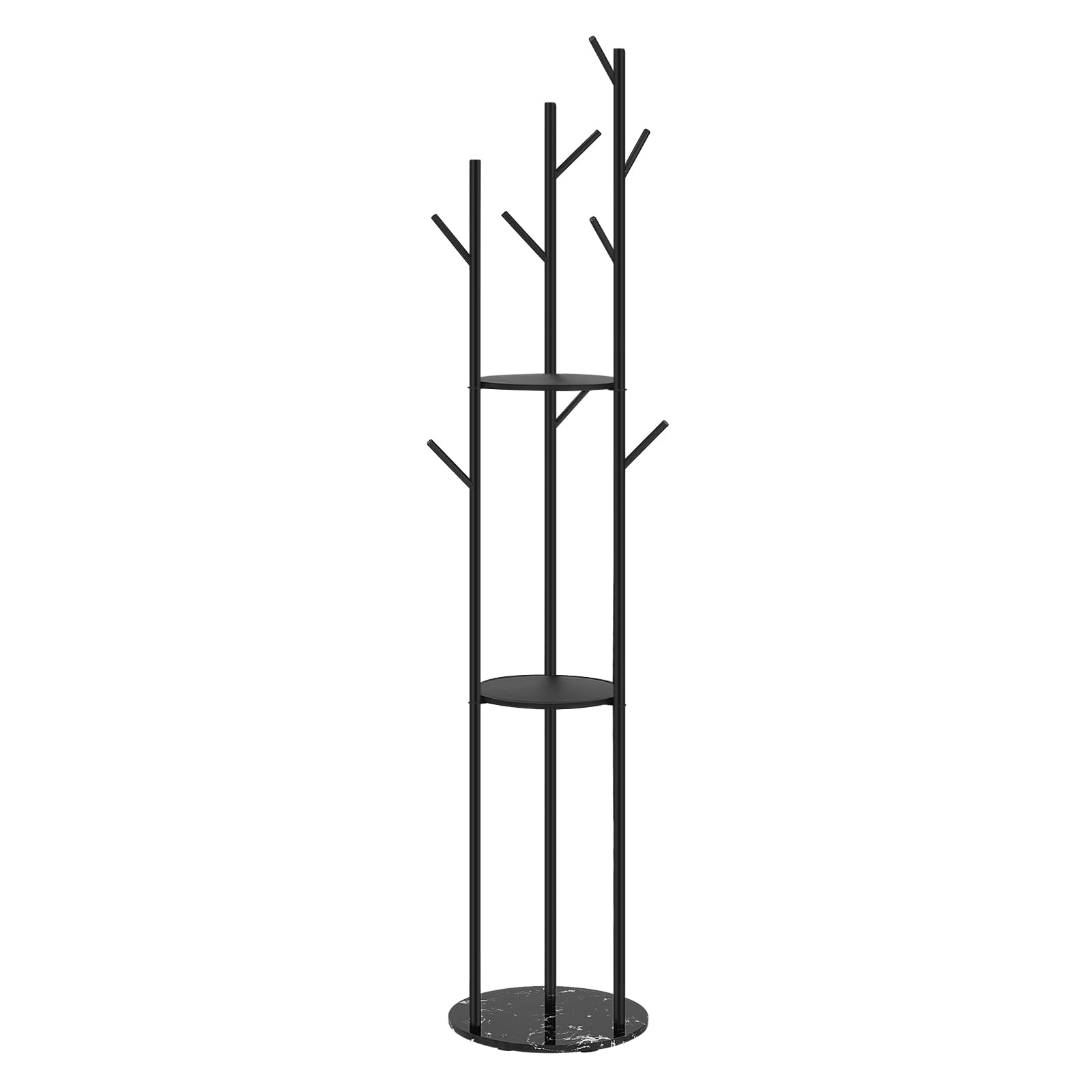 eSituro Appendiabiti, Porta Abiti da Terra a Forma di Albero, con 9 Ganci e 3 Ripiani, Appendiabiti in Metallo con Base in Marmo per Corridoio/Camera da Letto/Ufficio, Nero