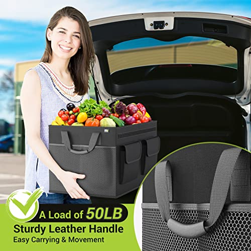 MIU COLOR Car Trunk Organizer with Lid, Foldable Car Storage Organizer with 3 Compartments, 8 Pockets, Leather Handles, Non-Slip Bottom, Car Organizer and Storage for SUV, Van, Grocery, Camping, Black