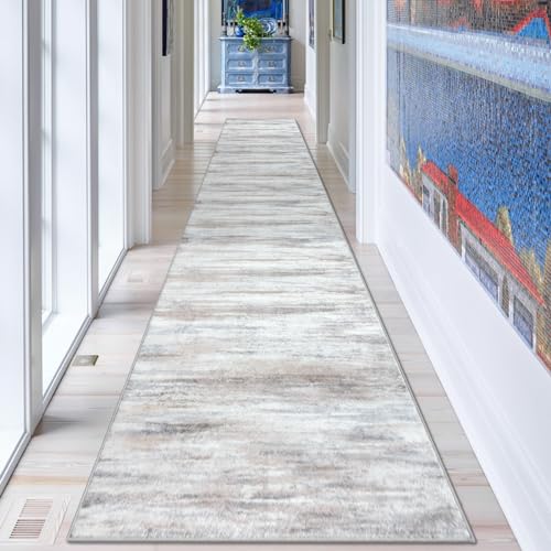 KOZYFLY Modern Abstract Kitchen Runner Rug, 2.6x14 Washable Rug Runner Non-Slip Soft Striped Hallway Runner Rugs, Beige Print Distressed Carpet Runner for Entryway Bathroom Laundry Room Foyer
