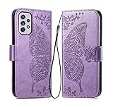 GOKEN Funda para Samsung Galaxy A53 5G, Leather Folio Carcasa con Billetera con Magnético, Relieve Dibujo, TPU PU Cuero FILP Case Cover con Soporte/Tapa Tarjetas, Púrpura Ligero