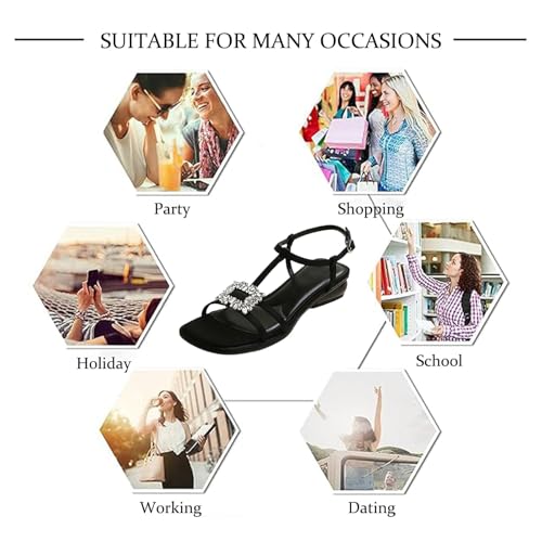 Women's Leather Rhinestone Square Buckle Block Heel Sandals Fashion T-Strap Square Open Toe Slingback Adjustable Ankle Buckle Low Chunky Heel Dress Sandals for Summer Wedding Party4