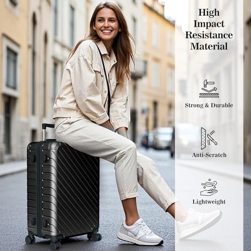 Apelila 4-Piece Expandable Suitcase Set with TSA Lock, 20% Extra Capacity, 360° Spinner Wheels, Lightweight Textured Fabric Luggage (18", 20", 24", 28") for Men and Women Travel (Black)