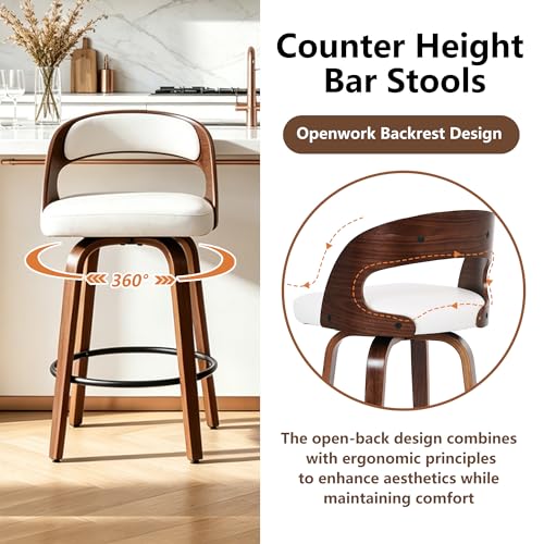 Image of Swivel Bar Stools Set of 3, 26 inch Counter Height Bar Stools with Curved Backrest, Mid-Century Modern PU Fabric Modern Island Chairs with Footrest, for Kitchen, Bar, Restaurant, Cafe, White