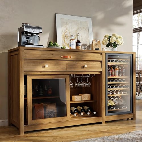 STO'SENSE Extra Large Coffee Bar Cabinet w/Fridge Space&Power Outlet,Lux MiniFridge Cabinet w/2Drawers,Wine Rack,Leather Handle,Adj.Shelves,Bar Tray,Glass Holder&Sliding Door,Buffet Sideboard,Natural