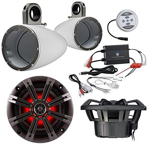 Car Speaker Package With Amp: 2x Kicker 41KM84LCW 8" Coaxial Marine Boat LED Light Speaker Bundle Combo With 2x Kicker 8" Inch White Wakeboard Tower Enclosures + 600 Watt Bluetooth 2-Channel Amplifier