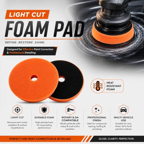 Image of Maple Car Care 5-Inch Light Cut Foam Pad for Car | Orange Flat Buff Pad for Car Detailing | Heat Resistant Rotary & DA Polisher Pad | Waxing Buffing Pad for Polishing | Polish Pads for Car & Bike
