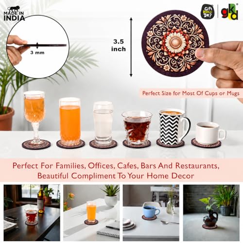 Image of GKD Flower Coasters Wooden Tea & Coffee Coaster Set of 6 with Stand | Heat & Water Resistant Table Coaster for Cups, Mugs & Glasses (Dark Floral)
