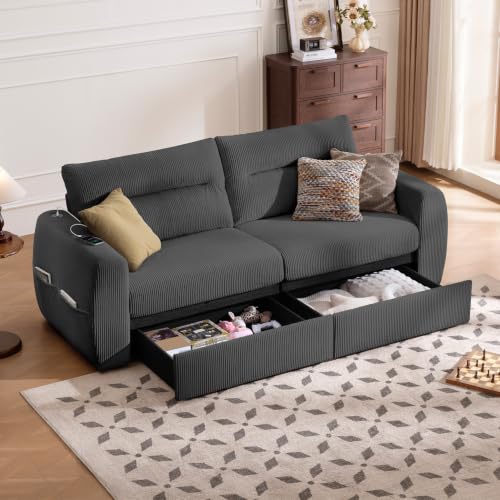 Image of 88.6 inch Modern Storage Loveseat Sofa, Small Couches for Living Room, Grey | Corduroy, USB Charging, Pull-Out Storage, Deep Seat, Comfy Love Seat for Small Spaces, Apartment, Bedroom, Dorm, Office