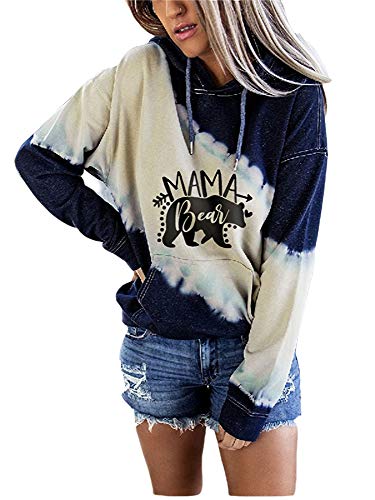 Women's Mama Bear Printed Long Sleeve Hooded Colorblock Sweatshirt, Mama Bear Pullover Hoodie for Women (Blue,S)
