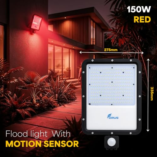 Image of Forus 150W LED Flood Light Red with Motion Sensor Auto On Off Day Night Mode Waterproof Outdoor Security Light for Garden Parking Garage Factory Warehouse Shop High Bright Floodlight 4Yr Warranty-1Pc